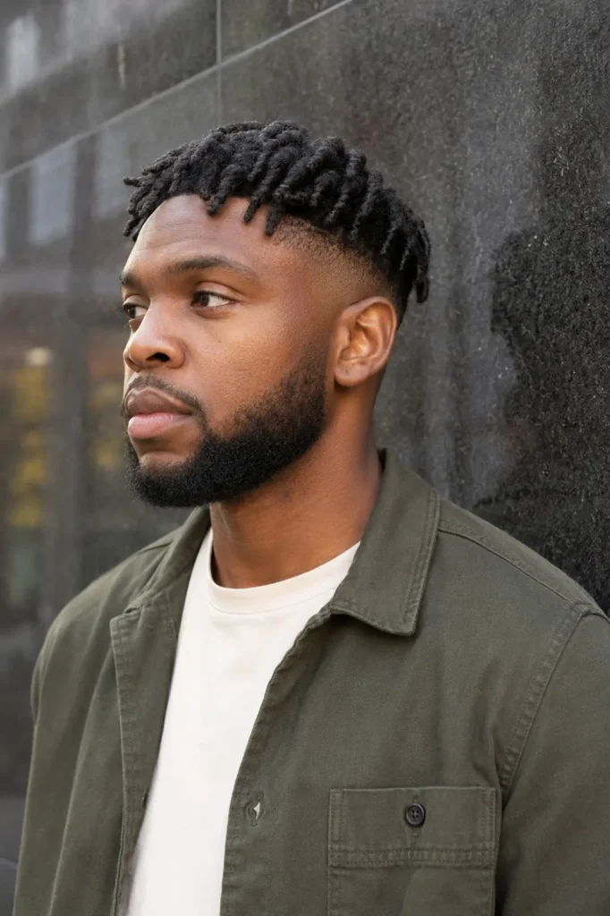 African American man outdoors with barrel twist locs on top and a low fade haircut.Wearing a casual olive-green overshirt over a light-colored T-shirt