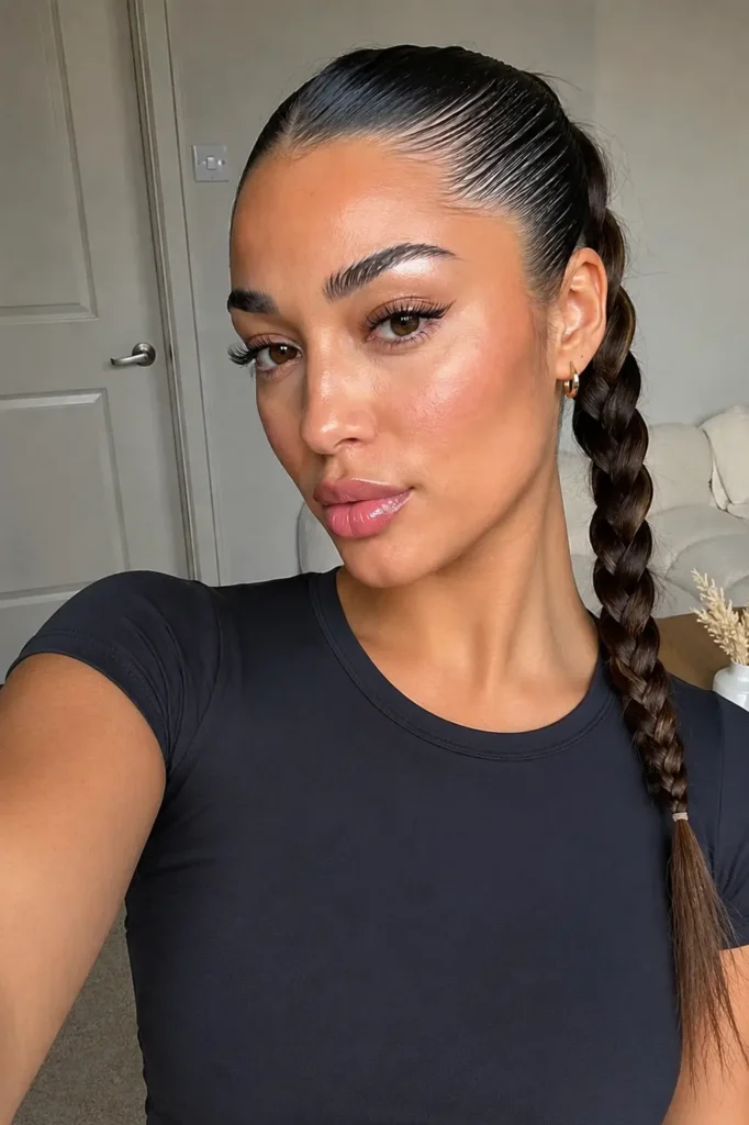 Young woman with a slicked front braided ponytail hairstyle, featuring glossy sleek roots and a long braid with visible texture