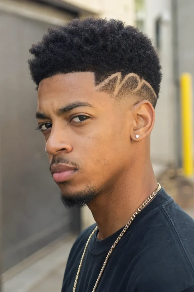 a confident young Black man with an afro fade haircut featuring an artistic shaved side design