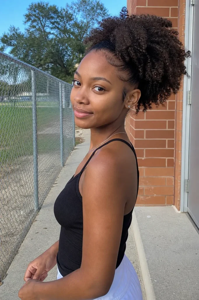 Young Black woman with natural textured curls styled in a high afro ponytail, standing outdoors in daylight near a brick wall and chain-link fence,