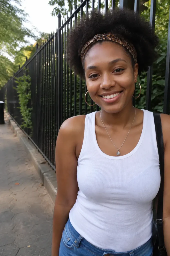 Young Black woman with a natural afro held back by a patterned headband, smiling warmly in a candid outdoor moment. She wears a casual white tank top and jeans