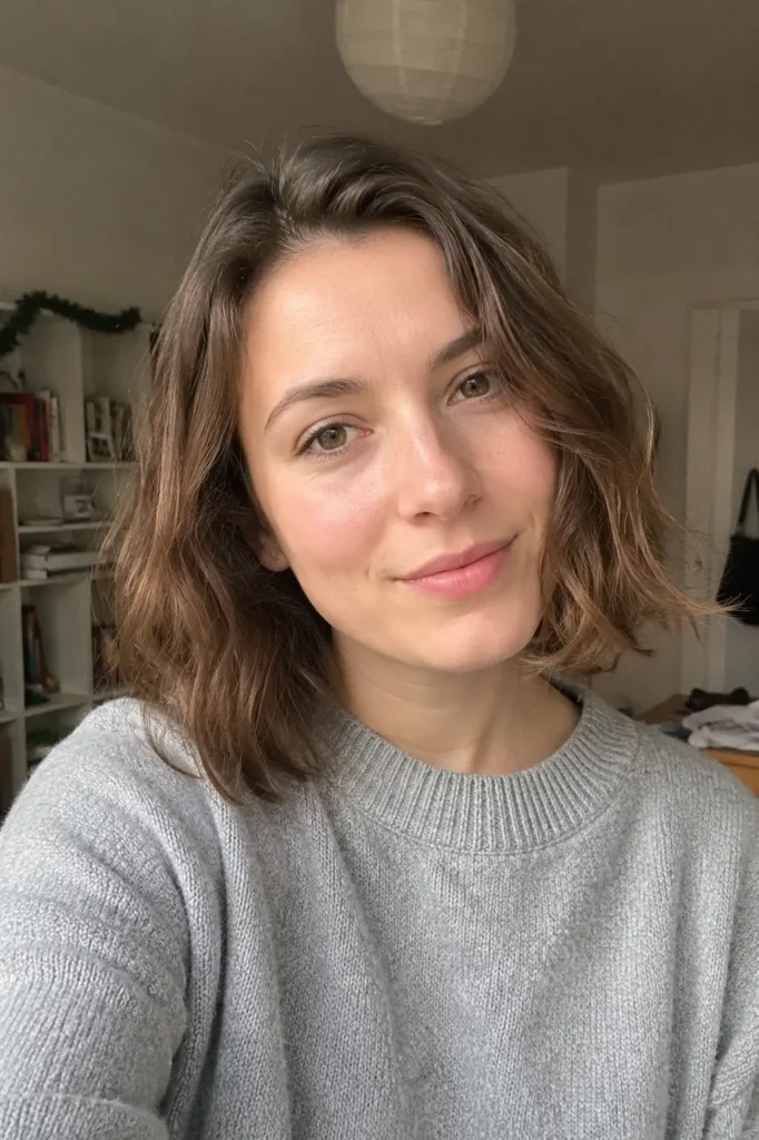 a young woman with a natural air-dried bob hairstyle and soft loose waves, wearing a cozy gray sweater in a casual home setting