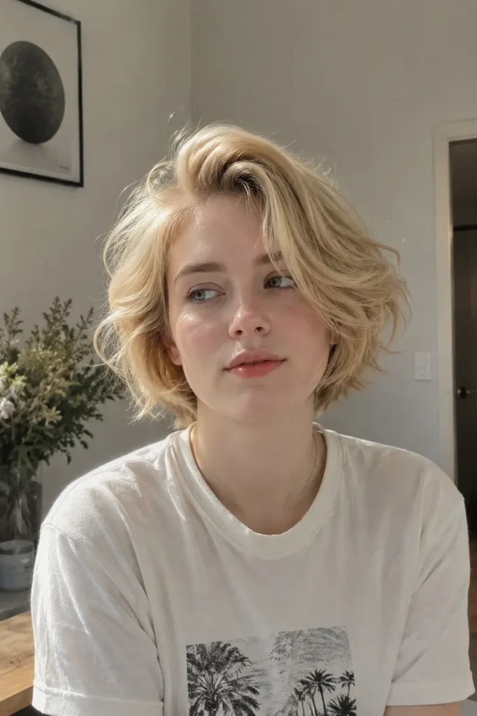 girl with thick light blonde hair in an airy sculpted short haircut, softly tousled with natural movement, wearing a casual white T-shirt indoors under daylight