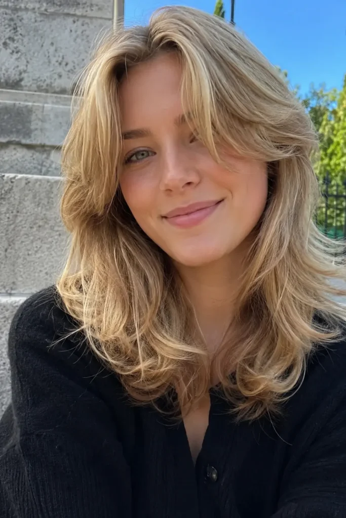 Young woman with thick light blonde layered haircut featuring soft airy movement, wearing a black knit top outdoors in natural daylight.