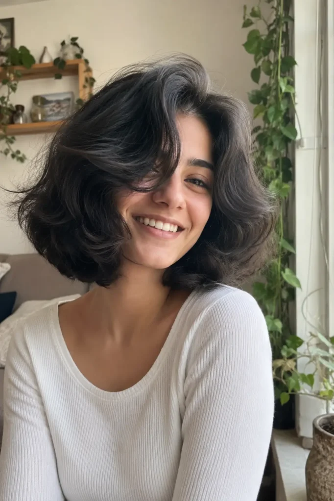 A smiling young woman with thick, airy cloud bob hair sits by a sunlit window in a cozy home setting