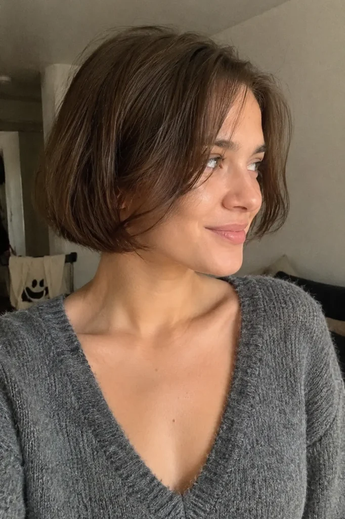 girl with an airy micro bob haircut and soft wispy ends, photographed indoors in natural light with a relaxed expression and realistic hair texture.