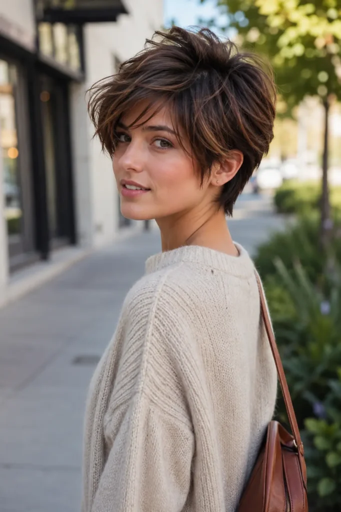a young woman with an airy brunette pixie haircut featuring lifted crown volume and soft layered texture. Her dimensional balayage highlights catch the natural sunlight, creating realistic shine and movement.