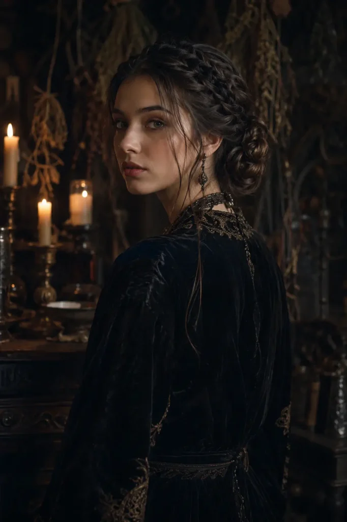 young woman with an elegant braided low bun hairstyle in an ancient witch-inspired aesthetic, wearing a dark velvet gown in a candlelit fantasy room with mystical gothic decor and soft moody lighting