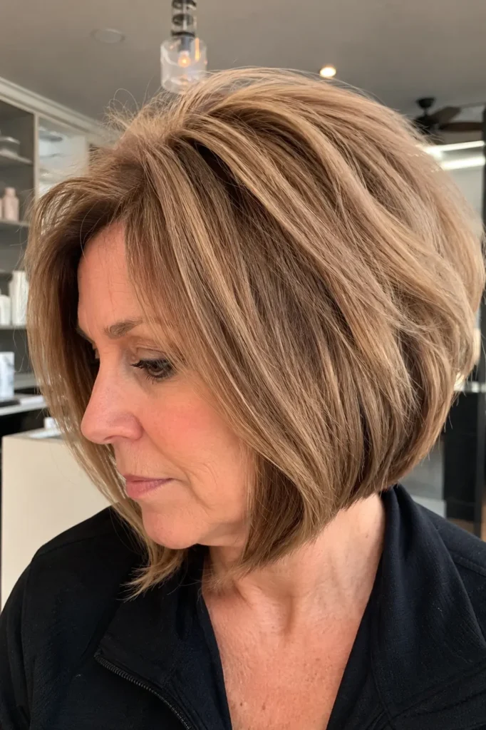 a woman around 50–60 years old with an angled bob hairstyle featuring visible volume and fullness. Her hair has soft movement and a rounded shape, taking up most of the frame
