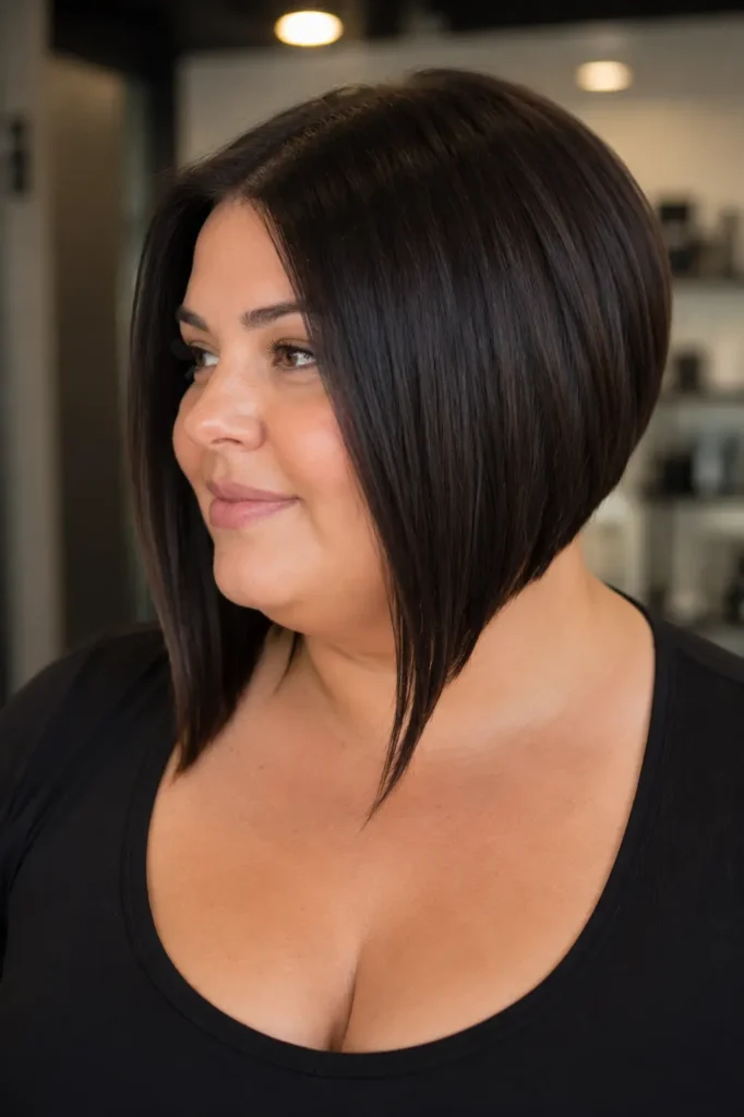 Plus-size woman with a sleek angled lob haircut, shorter in the back and longer in the front, featuring smooth straight styling and a sharp jawline-framing angle