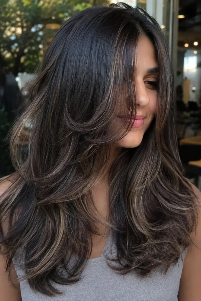 girl with dark hair featuring soft ash beige babylights and feathered layers, styled with natural movement and texture