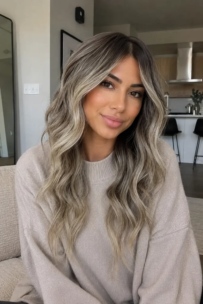 a woman in her early 30s with olive skin sitting in a modern apartment, wearing a long ash blonde deep wave wig with cool smoky highlights and an oversized neutral sweater