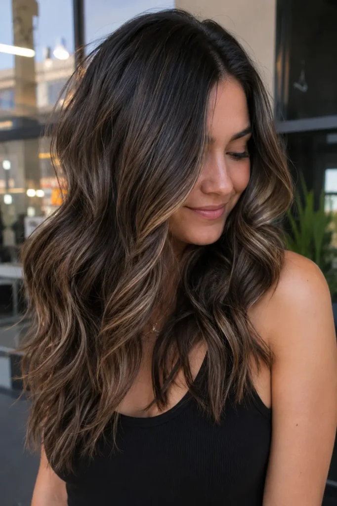 girl with deep brown hair featuring subtle ash blonde micro babylights in soft textured waves, photographed in natural lighting with a candid expression