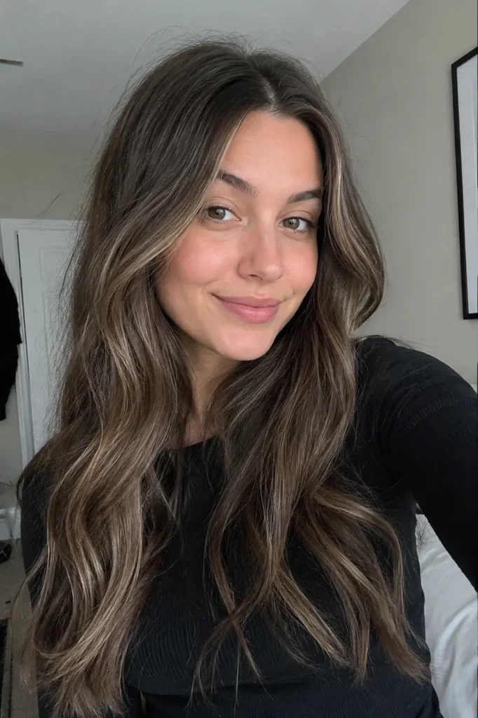 a young woman with dark brown hair featuring subtle ash mushroom babylights and soft natural waves. The image emphasizes detailed hair texture and multidimensional color blending under natural light