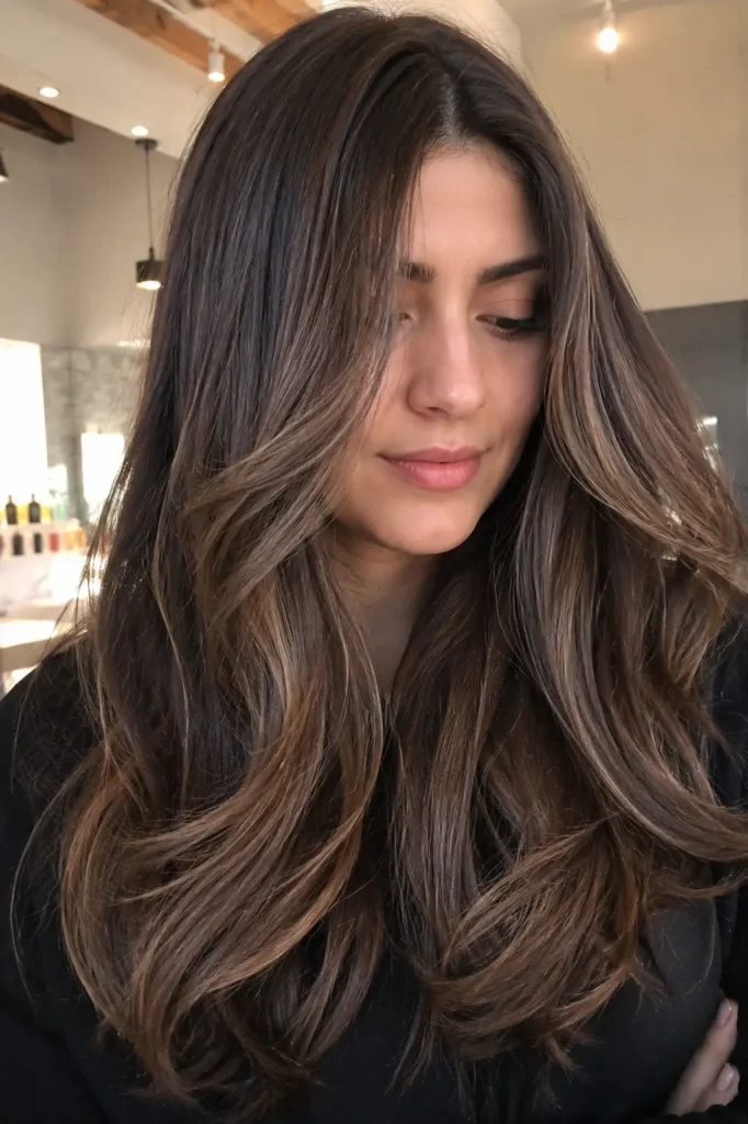 Long brunette hair with ash taupe babylights styled in soft layered waves, shown in a realistic candid portrait. Dimensional color and texture are emphasized with natural lighting, creating depth and shine throughout the hair, which fills most of the vertical frame.
