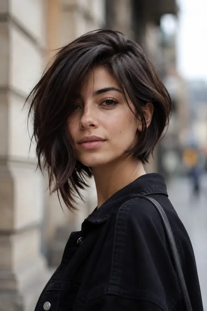 Real everyday woman with an asymmetrical layered bob haircut, featuring one side longer than the other, glossy dark brown hair with soft textured layers, standing outdoors against a blurred city