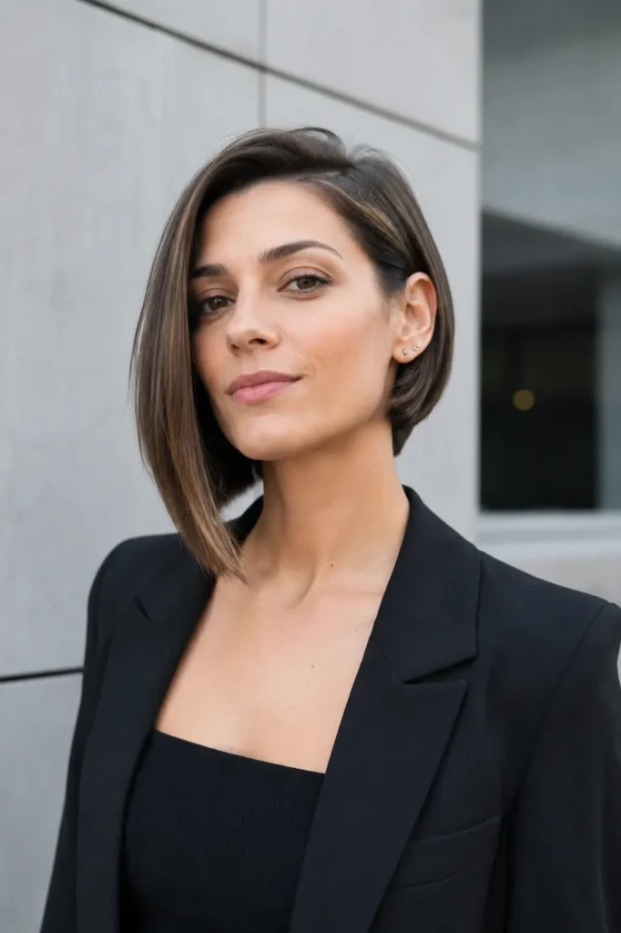 a woman in her late 20s with a sleek asymmetrical lob hairstyle, fine dark hair with one side slightly longer, styled smooth and polished, photographed in a modern urban setting with a clean architectural background and natural light