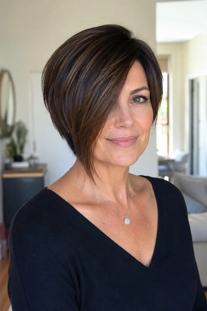 a real woman over 40 with an asymmetrical pixie bob haircut featuring one longer side sweeping across the face, sleek smooth texture