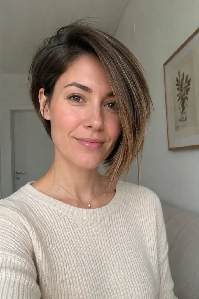 young woman with an asymmetrical pixie bob haircut featuring one longer side, sleek brunette balayage tones, and smooth shiny texture, photographed indoors in soft natural daylight. She wears a modest modern outfit
