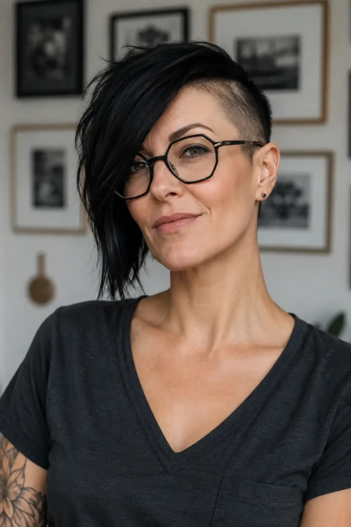 A confident woman in her late 30s with a dramatic asymmetrical pixie cut poses indoors against a softly blurred gallery wall. One side of her jet-black hair is closely shaved while the longer side sweeps across her cheek.