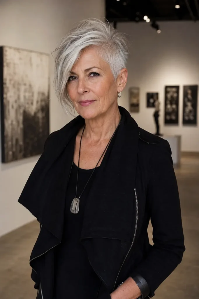 A stylish woman in her early 60s with a chic asymmetrical pixie cut and sweeping fringe stands confidently in a modern art gallery. Her natural gray and white hair is illuminated by directional lighting