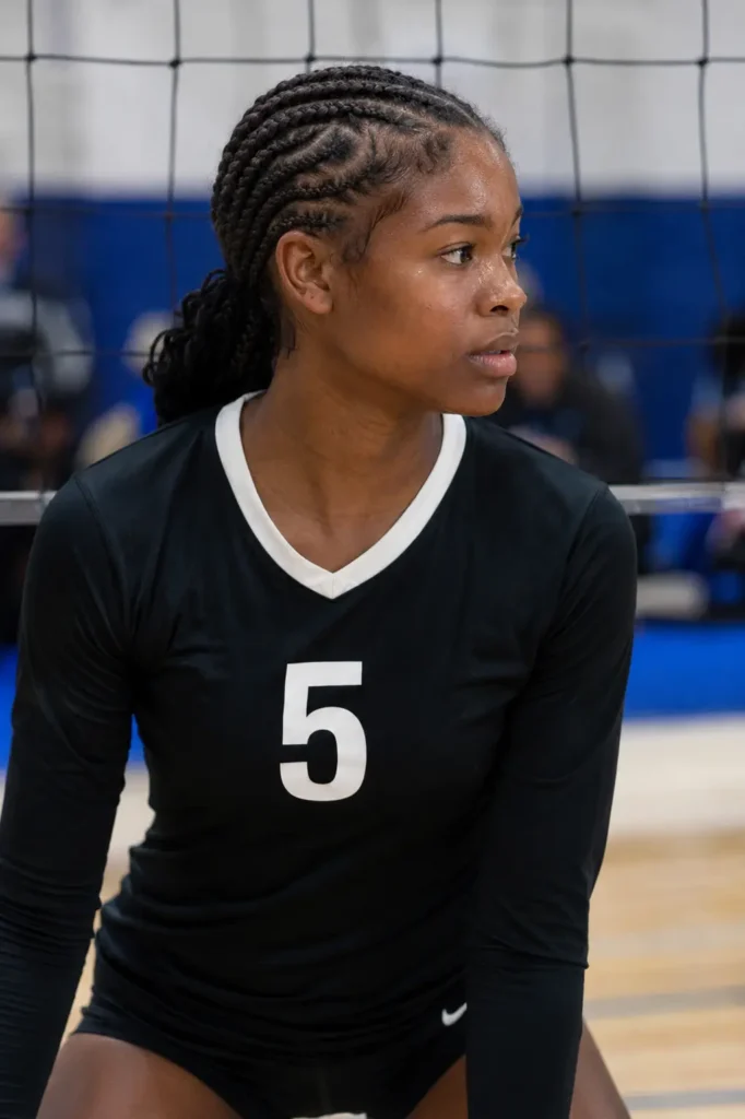 Young volleyball athlete with neat mini twist row hairstyle and braided scalp twists pulled back, wearing a black volleyball jersey in an indoor gym,