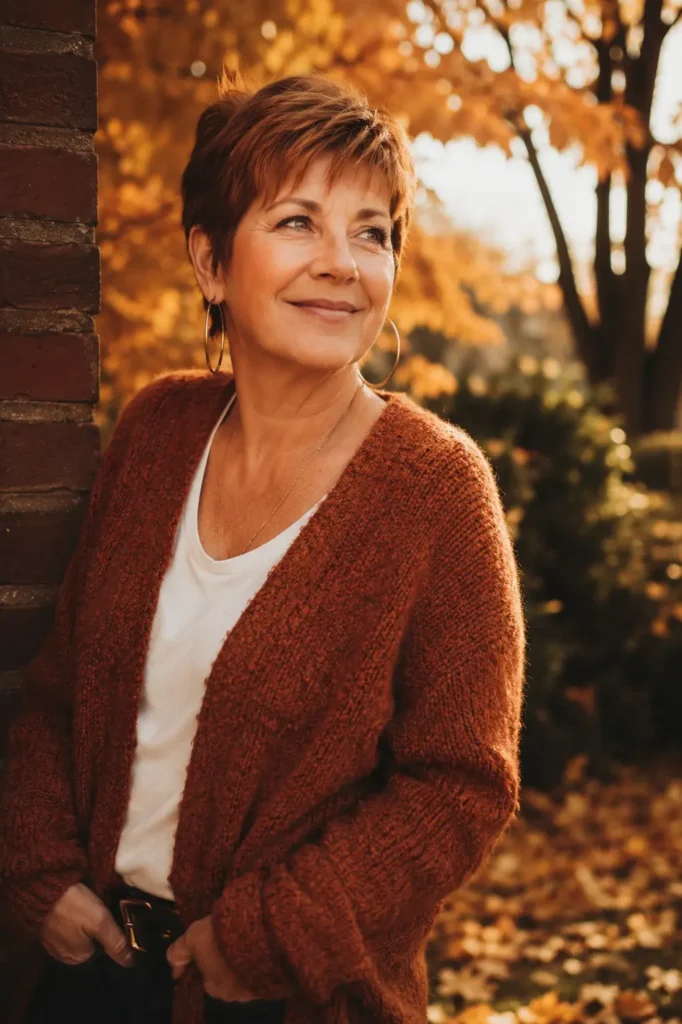 A woman in her mid-50s with a warm auburn pixie haircut stands outdoors among golden autumn leaves, glowing in soft amber afternoon light with a relaxed smile and natural, warm expression.
