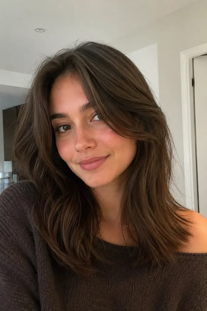 Soft layered crop hairstyle with natural volume and rich brunette tones, paired with a cozy dark charcoal off-shoulder sweater for an effortless modern look.