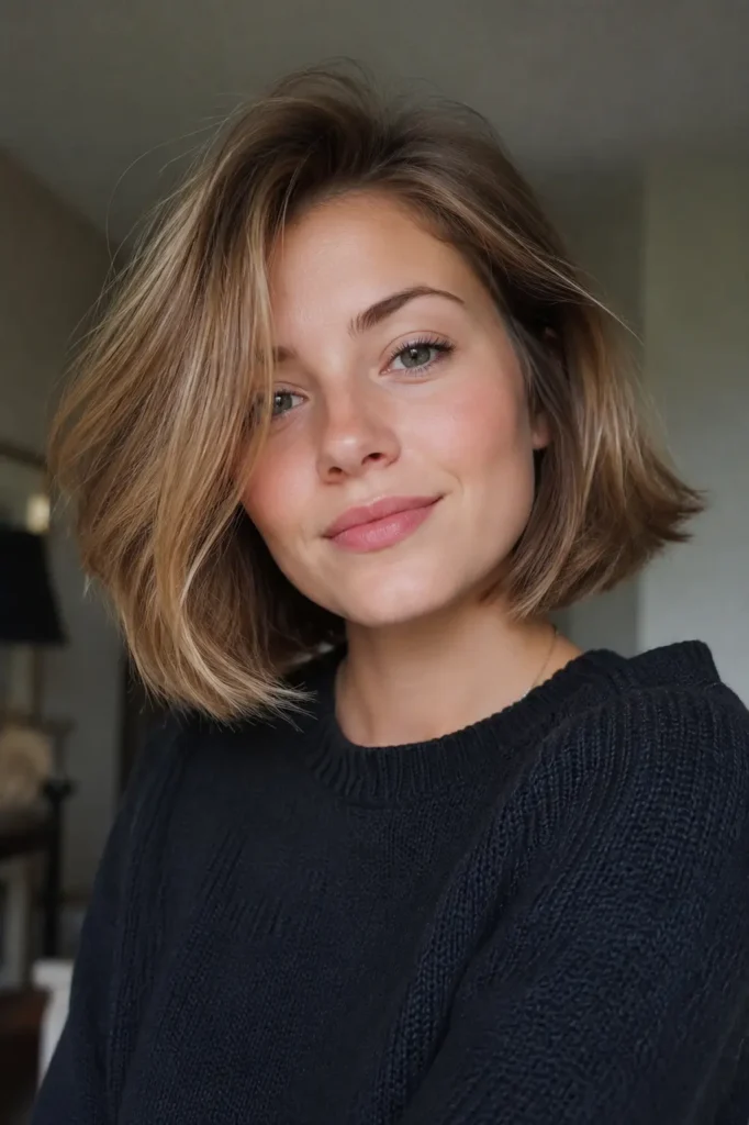 a young woman with a light brown-blonde bob haircut, softly lit indoors, wearing a dark knit sweater
