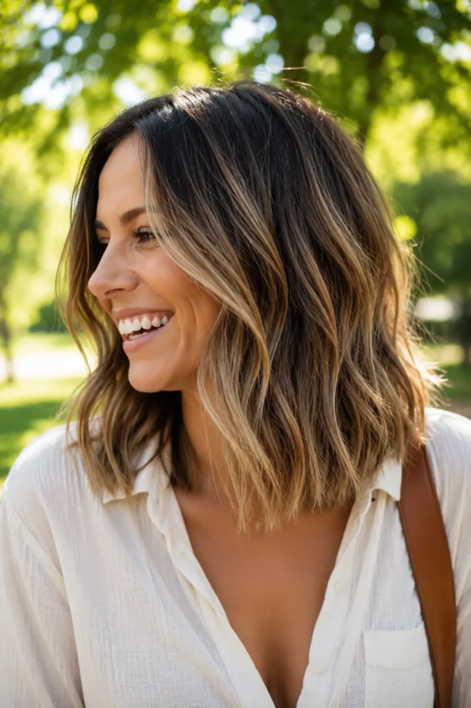 A real woman in her early 30s with a balayage lob hairstyle and fine hair featuring warm honey highlights, smiling naturally in a sun-drenched park.