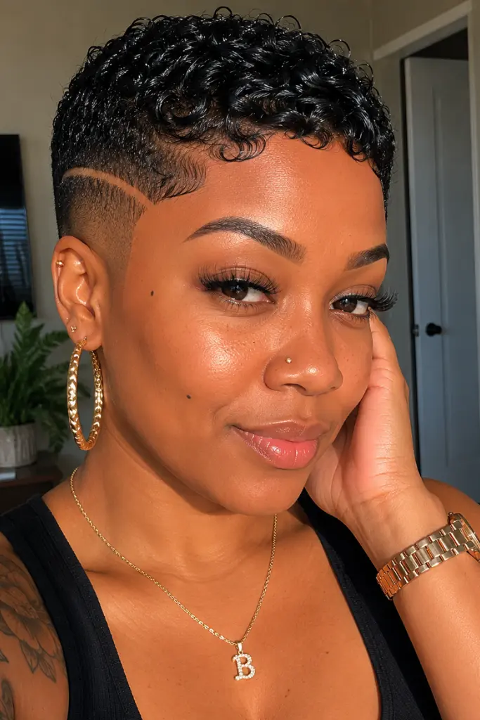 a Black woman with a bald fade pixie cut and textured curls, featuring realistic skin texture