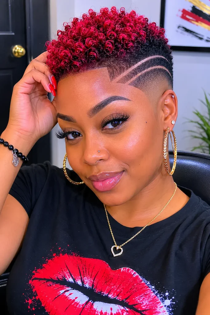 a Black woman around 25–35 years old with a bold magenta color-contrast bald fade hairstyle featuring textured curls on top and a sharp fade design