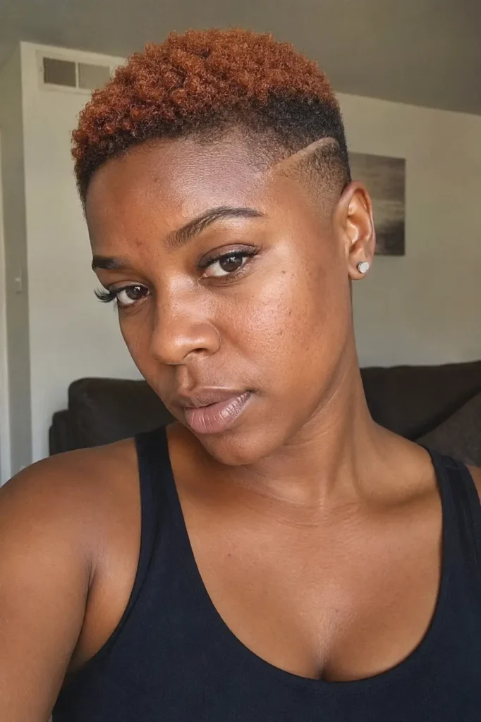f a Black woman around 25–35 years old with a bald fade hairstyle featuring rich copper highlights and textured curls on top