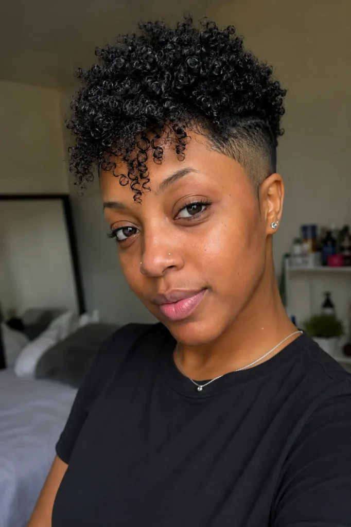 a Black woman in her late 20s to early 30s with a bald fade hairstyle and curly fringe. Her natural curls create soft movement across the forehead, highlighting the clean fade details on the sides.
