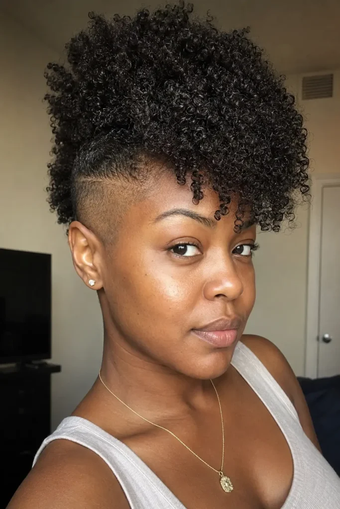 Black woman with a curly mohawk and bald fade hairstyle, featuring defined natural curls and clean fade details