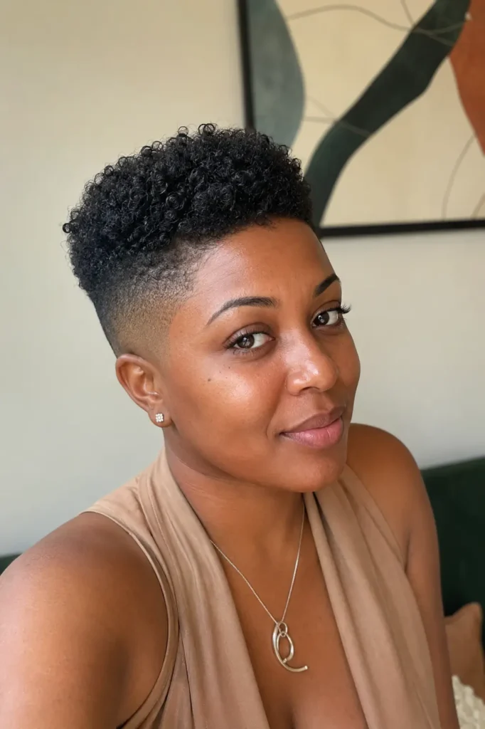 a Black woman aged around 25–35 with a bald fade hairstyle and defined curls on top. The image features natural facial features, realistic skin texture, and a soft expression, with the hairstyle