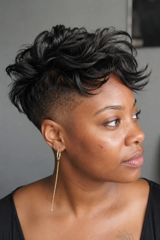 a Black woman aged around 25–35 with a feathered textured bald fade hairstyle.