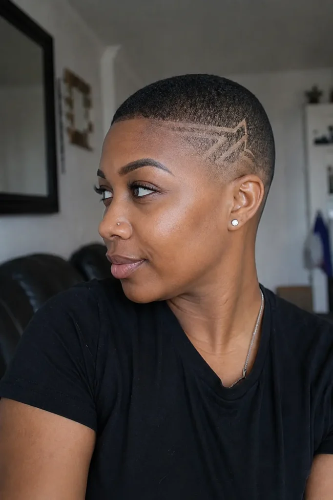 a real Black woman around 25–35 years old with a bald fade hairstyle featuring a geometric shaved line design.