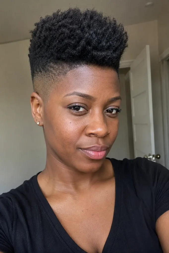 a Black woman in her late 20s to early 30s with a textured high-top bald fade hairstyle.