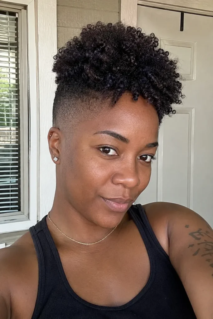 a Black woman aged around 25–35 with a bald fade hairstyle and textured layered volume on top.