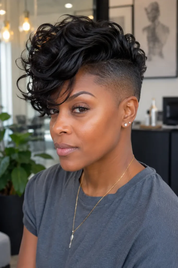 a Black woman with a bold bald fade haircut and long textured curls on top, featuring ultra-short faded sides and voluminous layered styling.