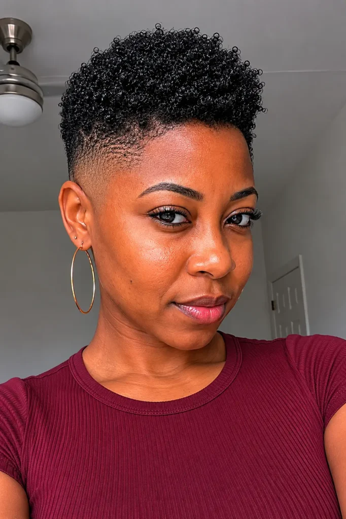a Black woman aged around 25–35 with a bald fade hairstyle and mini afro top, featuring natural facial features and authentic skin texture