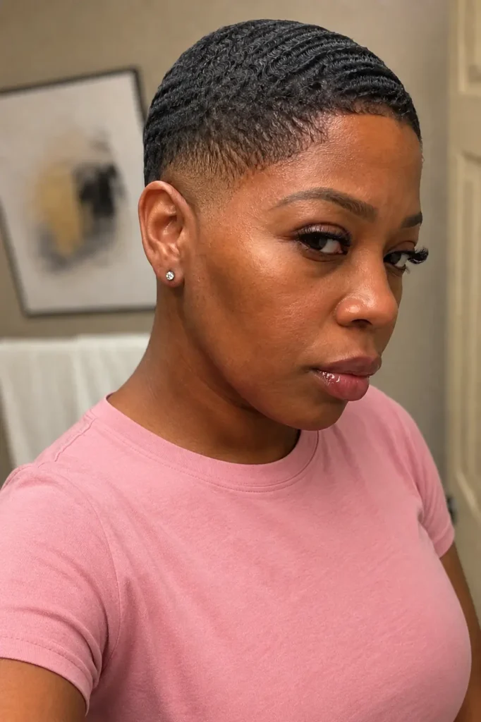 a Black woman aged around 25–35 with sculpted wave details and a bald fade hairstyle, wearing a modest pink shirt.
