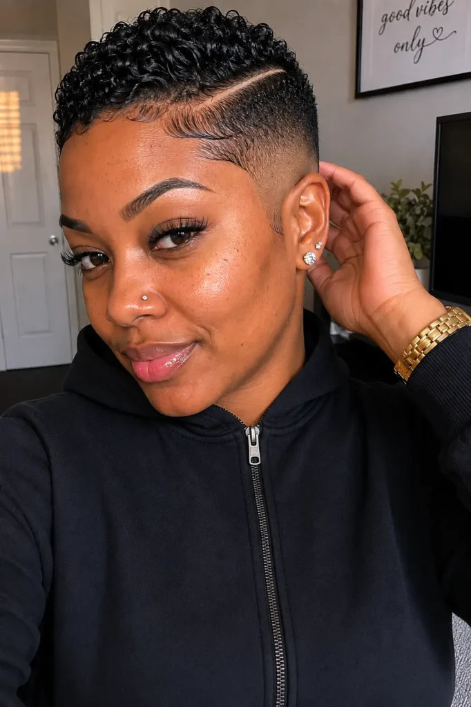 a Black woman in her late 20s to early 30s with a bald fade hairstyle and a clean defined side part. She has natural skin texture, subtle makeup, and a casual expression. She is wearing a black jacket fully zipped up