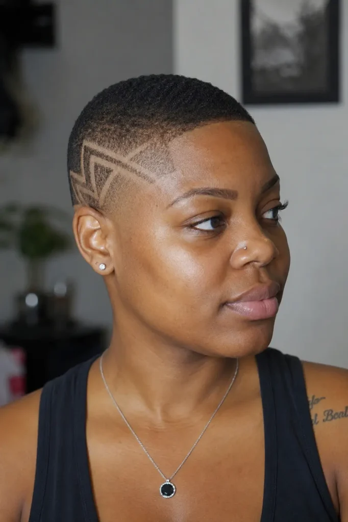 a Black woman in her mid-20s to mid-30s with a bald fade hairstyle featuring a detailed shaved temple design