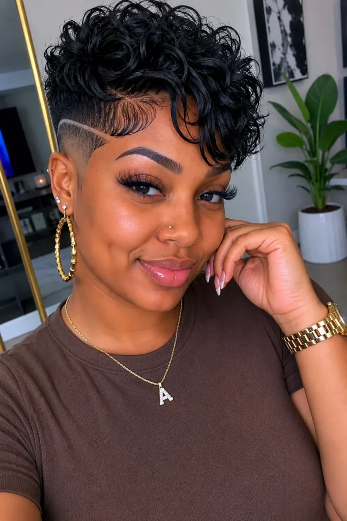 a real Black woman aged around 25–35 with a textured pixie layered bald fade hairstyle featuring visible layers and movement.