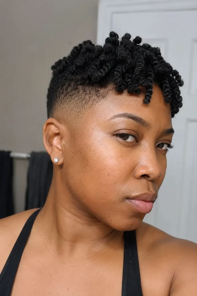 a Black woman around 25–35 years old with a bald fade hairstyle and twisted hair on top, featuring authentic facial features