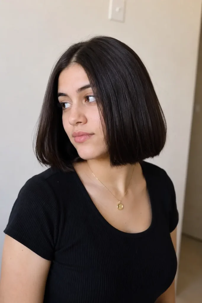 a young woman with a sleek, straight dark brown bob haircut and minimal layers. She is wearing a black top and a small gold necklace