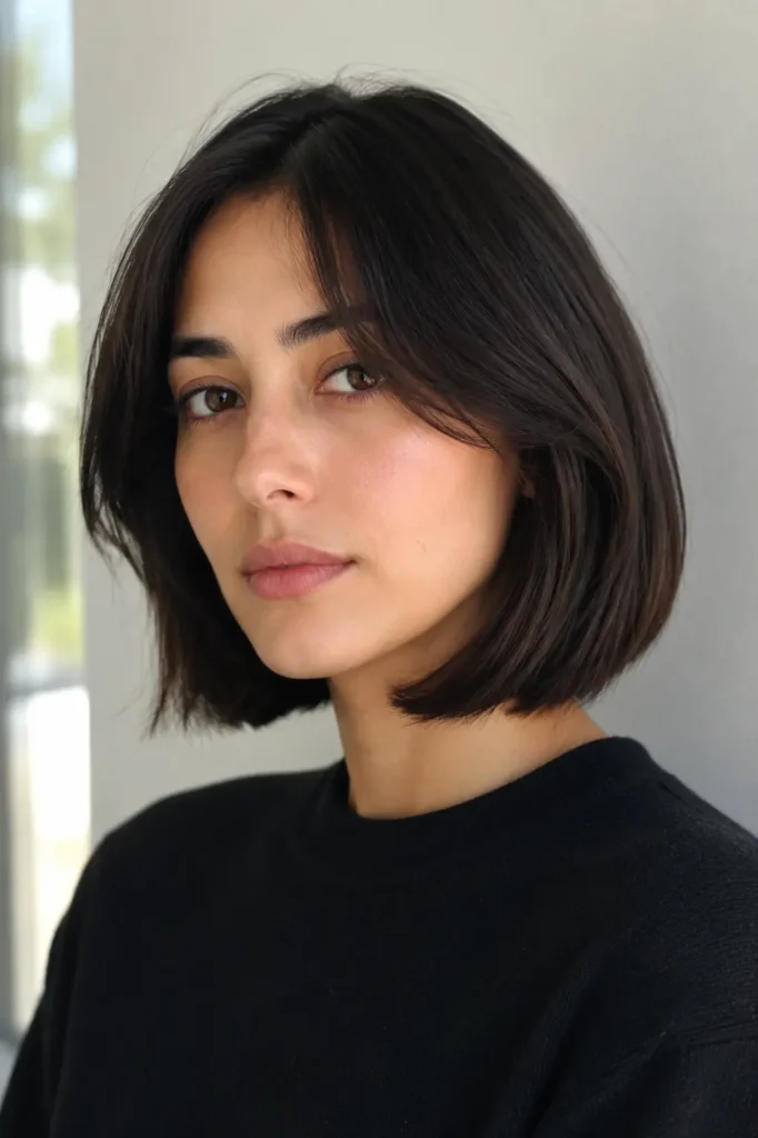 girl with thick dark hair styled in a minimal layered bob, smooth soft finish, natural makeup