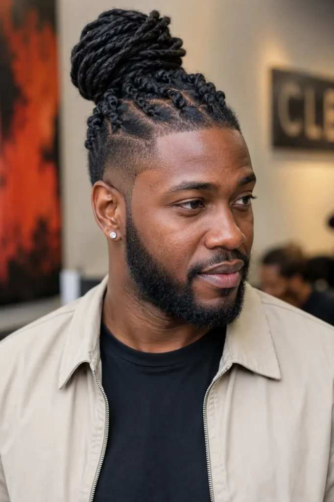 a Black man with a barrel twist loc top knot hairstyle, featuring neatly sectioned twists gathered into a high bun. He has authentic facial features, natural skin texture, and a well-groomed beard. Wearing a casual fashionable outfit with a light jacket over a dark shirt,